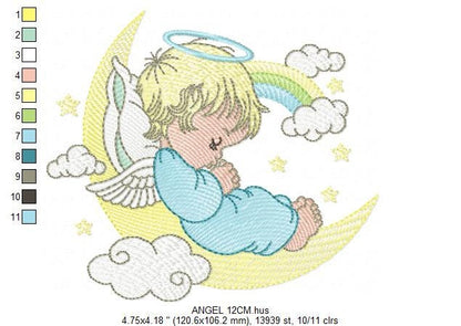 Angel embroidery designs - Boy in moon embroidery design machine embroidery pattern - Angel wings halo embroidery file - stars and rainbow