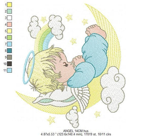 Angel embroidery designs - Boy in moon embroidery design machine embroidery pattern - Angel wings halo embroidery file - stars and rainbow