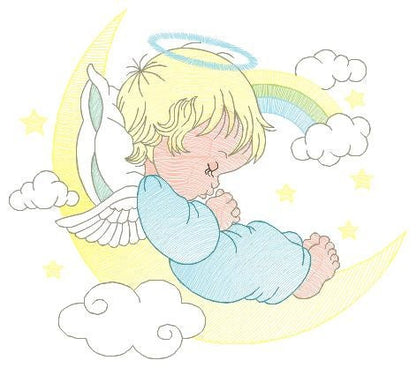 Angel embroidery designs - Boy in moon embroidery design machine embroidery pattern - Angel wings halo embroidery file - stars and rainbow