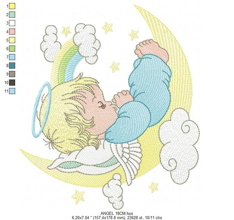 Angel embroidery designs - Boy in moon embroidery design machine embroidery pattern - Angel wings halo embroidery file - stars and rainbow