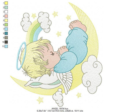 Angel embroidery designs - Boy in moon embroidery design machine embroidery pattern - Angel wings halo embroidery file - stars and rainbow