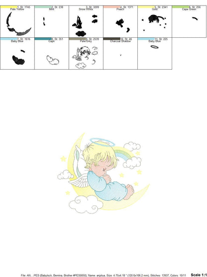 Angel embroidery designs - Boy in moon embroidery design machine embroidery pattern - Angel wings halo embroidery file - stars and rainbow