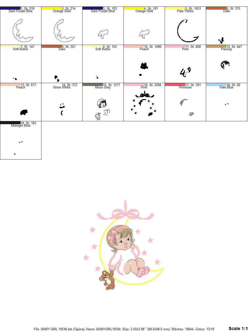 Baby girl embroidery design - Newborn embroidery designs machine embroidery pattern - Moon embroidery file - girl with moon and stars design