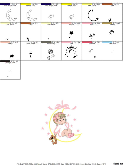 Baby girl embroidery design - Newborn embroidery designs machine embroidery pattern - Moon embroidery file - girl with moon and stars design