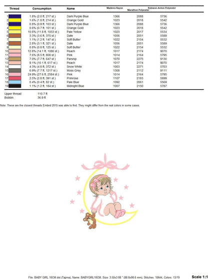 Baby girl embroidery design - Newborn embroidery designs machine embroidery pattern - Moon embroidery file - girl with moon and stars design