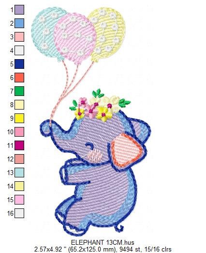 Elephant embroidery designs - Animal embroidery design machine embroidery pattern - Baby girl embroidery file - elephant with balloons sky - Marcia Embroidery