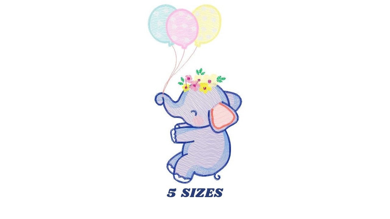 Elephant embroidery designs - Animal embroidery design machine embroidery pattern - Baby girl embroidery file - elephant with balloons sky - Marcia Embroidery