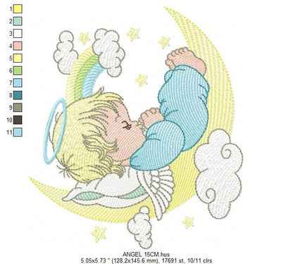 Angel embroidery designs - Boy in moon embroidery design machine embroidery pattern - Angel wings halo embroidery file - stars and rainbow