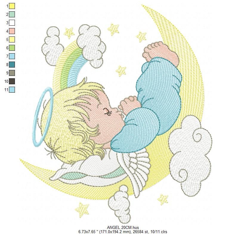 Angel embroidery designs - Boy in moon embroidery design machine embroidery pattern - Angel wings halo embroidery file - stars and rainbow