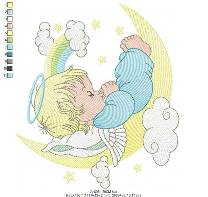 Angel embroidery designs - Boy in moon embroidery design machine embroidery pattern - Angel wings halo embroidery file - stars and rainbow
