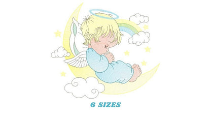 Angel embroidery designs - Boy in moon embroidery design machine embroidery pattern - Angel wings halo embroidery file - stars and rainbow