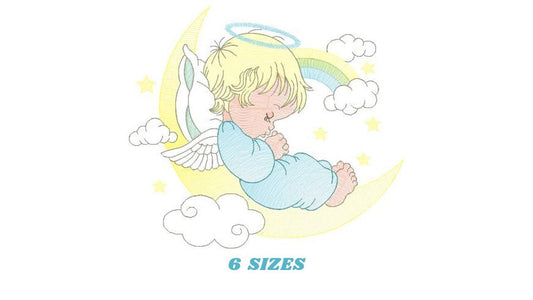 Angel embroidery designs - Boy in moon embroidery design machine embroidery pattern - Angel wings halo embroidery file - stars and rainbow