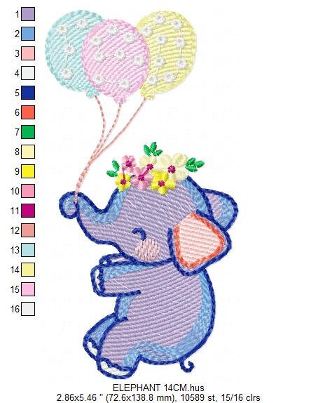 Elephant embroidery designs - Animal embroidery design machine embroidery pattern - Baby girl embroidery file - elephant with balloons sky - Marcia Embroidery