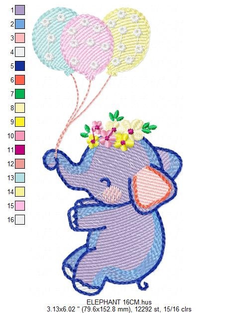 Elephant embroidery designs - Animal embroidery design machine embroidery pattern - Baby girl embroidery file - elephant with balloons sky - Marcia Embroidery