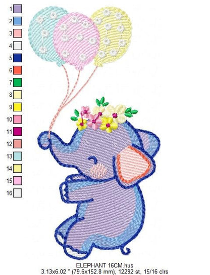 Elephant embroidery designs - Animal embroidery design machine embroidery pattern - Baby girl embroidery file - elephant with balloons sky - Marcia Embroidery