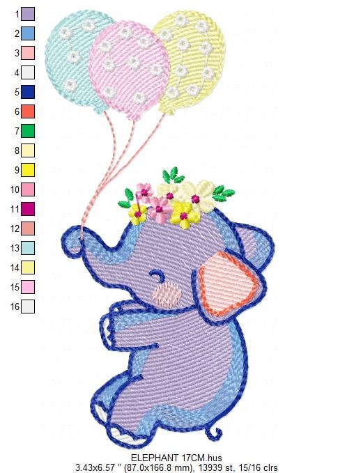 Elephant embroidery designs - Animal embroidery design machine embroidery pattern - Baby girl embroidery file - elephant with balloons sky - Marcia Embroidery