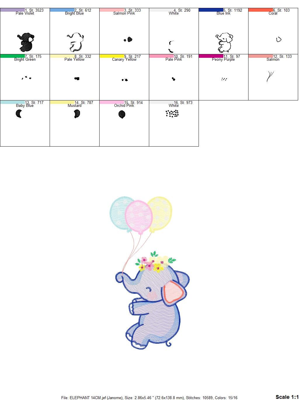Elephant embroidery designs - Animal embroidery design machine embroidery pattern - Baby girl embroidery file - elephant with balloons sky - Marcia Embroidery