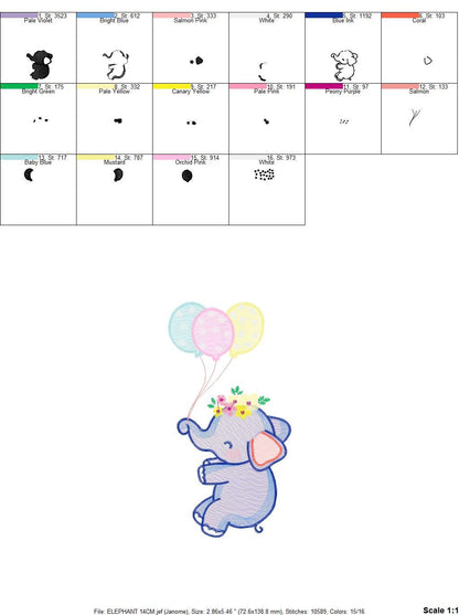 Elephant embroidery designs - Animal embroidery design machine embroidery pattern - Baby girl embroidery file - elephant with balloons sky - Marcia Embroidery
