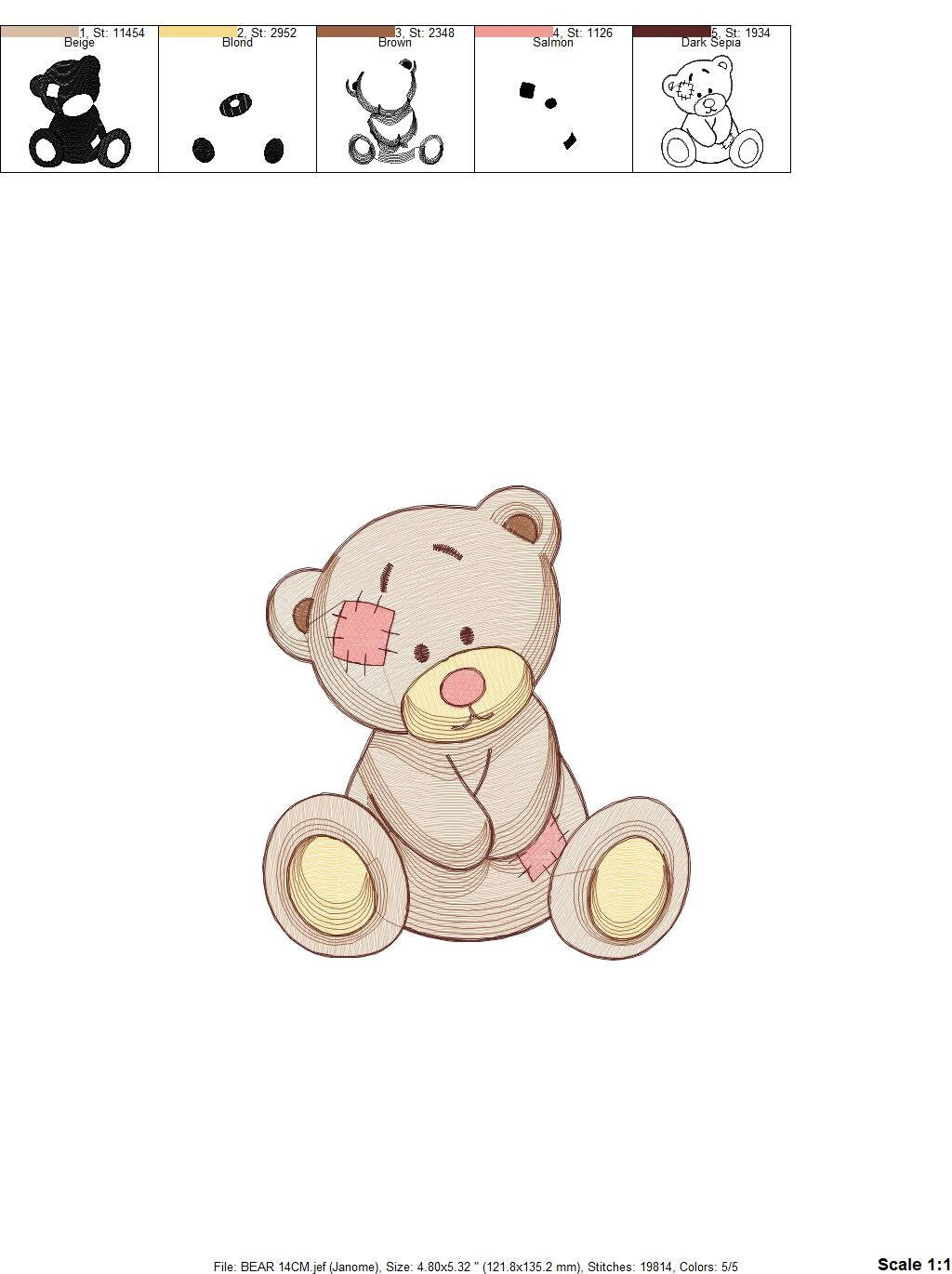 Patched Teddy Bear embroidery designs - Baby boy and girl machine embroidery pattern - Ragged Teddy Bear file - Instant download pes jef dst