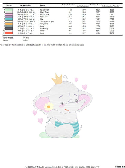 King Elephant embroidery designs - Animal embroidery design machine embroidery pattern - Baby girl embroidery file - elephant with crown pes Marcia Embroidery