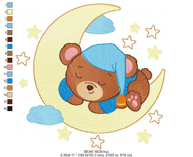 Bear embroidery designs - Sleeping bear embroidery design machine embroidery pattern - Baby bear in the moon embroidery file - pes download Marcia Embroidery