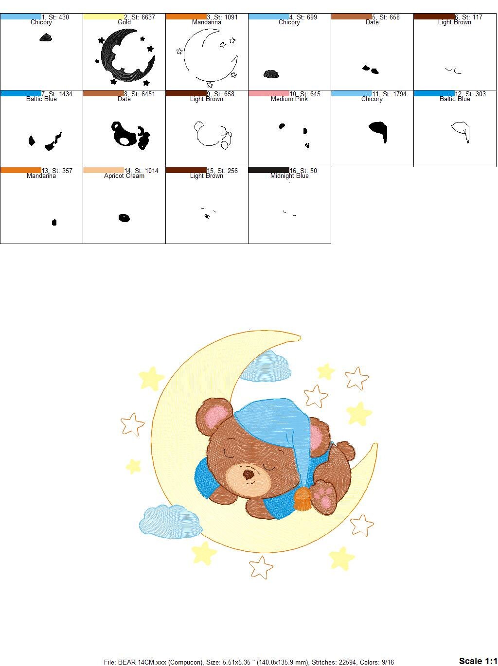 Bear embroidery designs - Sleeping bear embroidery design machine embroidery pattern - Baby bear in the moon embroidery file - pes download Marcia Embroidery