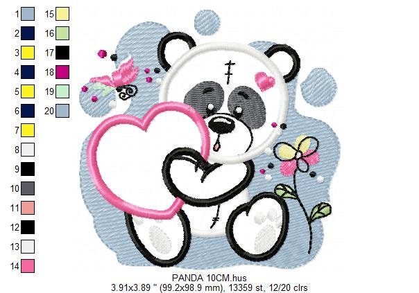 Panda embroidery design - Animal Girl Bear with hear applique machine embroidery pattern - Baby Panda heart applique - Instant download pes Marcia Embroidery