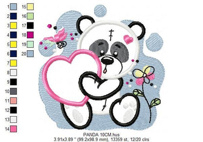 Panda embroidery design - Animal Girl Bear with hear applique machine embroidery pattern - Baby Panda heart applique - Instant download pes Marcia Embroidery