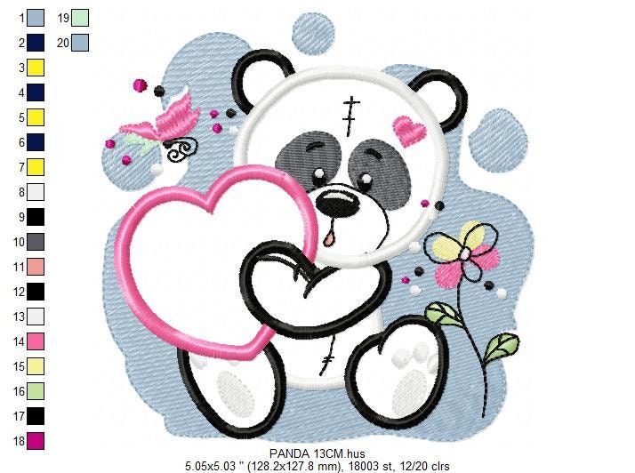 Panda embroidery design - Animal Girl Bear with hear applique machine embroidery pattern - Baby Panda heart applique - Instant download pes Marcia Embroidery