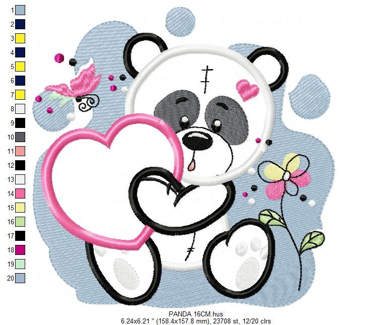 Panda embroidery design - Animal Girl Bear with hear applique machine embroidery pattern - Baby Panda heart applique - Instant download pes Marcia Embroidery