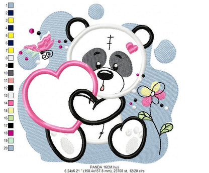 Panda embroidery design - Animal Girl Bear with hear applique machine embroidery pattern - Baby Panda heart applique - Instant download pes Marcia Embroidery