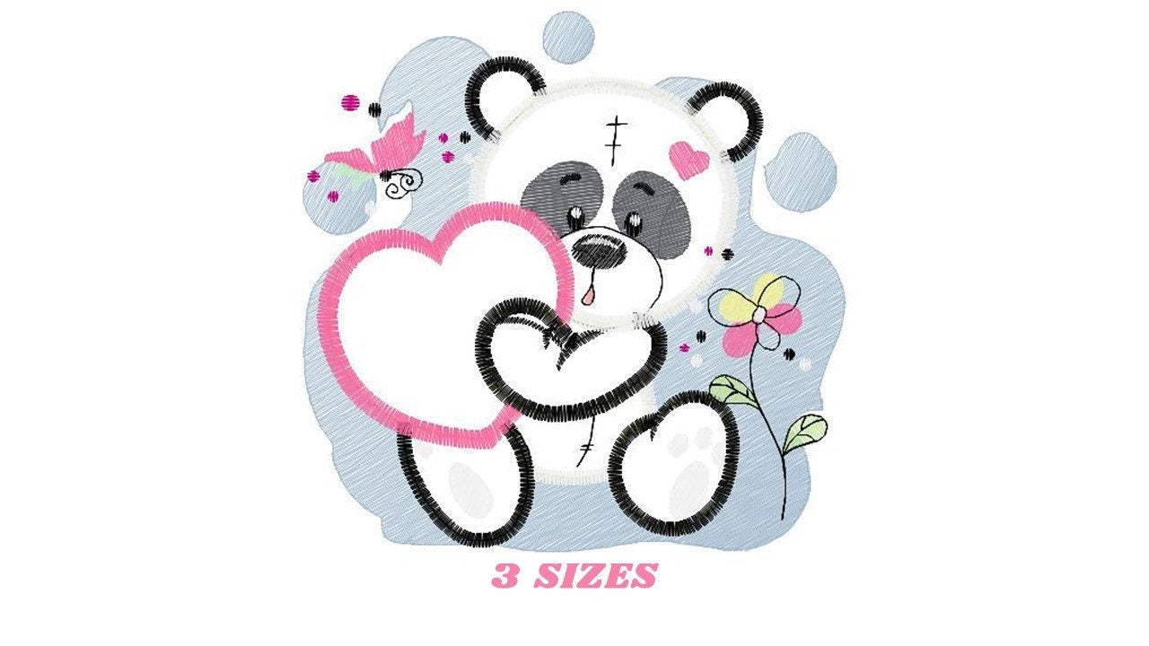 Panda embroidery design - Animal Girl Bear with hear applique machine embroidery pattern - Baby Panda heart applique - Instant download pes Marcia Embroidery