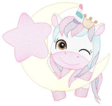 Laden Sie das Bild in den Galerie-Viewer, Unicorn embroidery designs - Baby Girl embroidery design machine embroidery pattern - Fantasy embroidery - star moon design unicorn blinking
