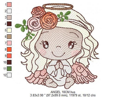 Angel embroidery designs - Angelic Baby girl with flowers machine embroidery pattern - Girl with wings file - Instant digital download pes