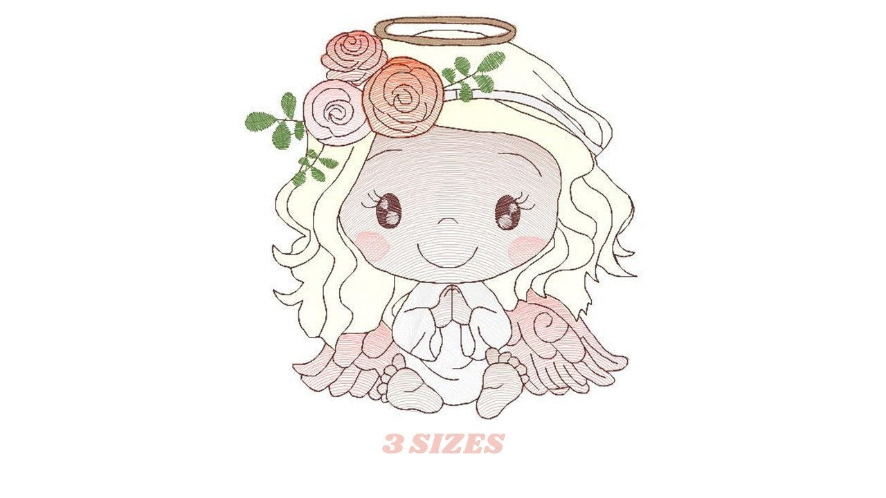 Angel embroidery designs - Angelic Baby girl with flowers machine embroidery pattern - Girl with wings file - Instant digital download pes
