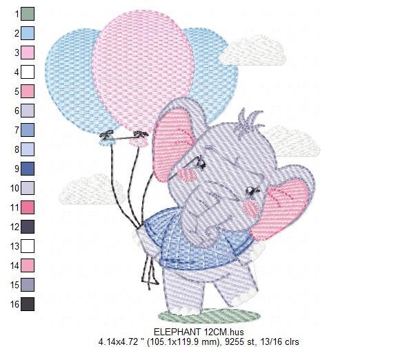 Elephant embroidery designs - Animal embroidery design machine embroidery pattern - Baby girl embroidery - Birthday party elephant balloons - Marcia Embroidery