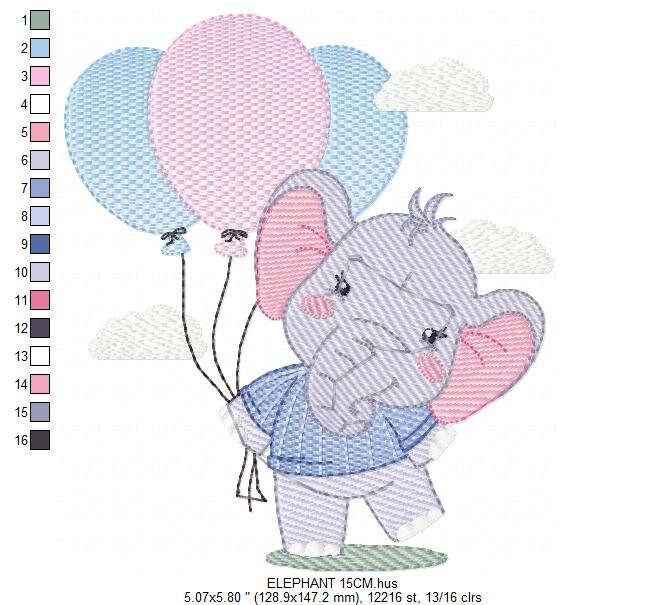 Elephant embroidery designs - Animal embroidery design machine embroidery pattern - Baby girl embroidery - Birthday party elephant balloons - Marcia Embroidery