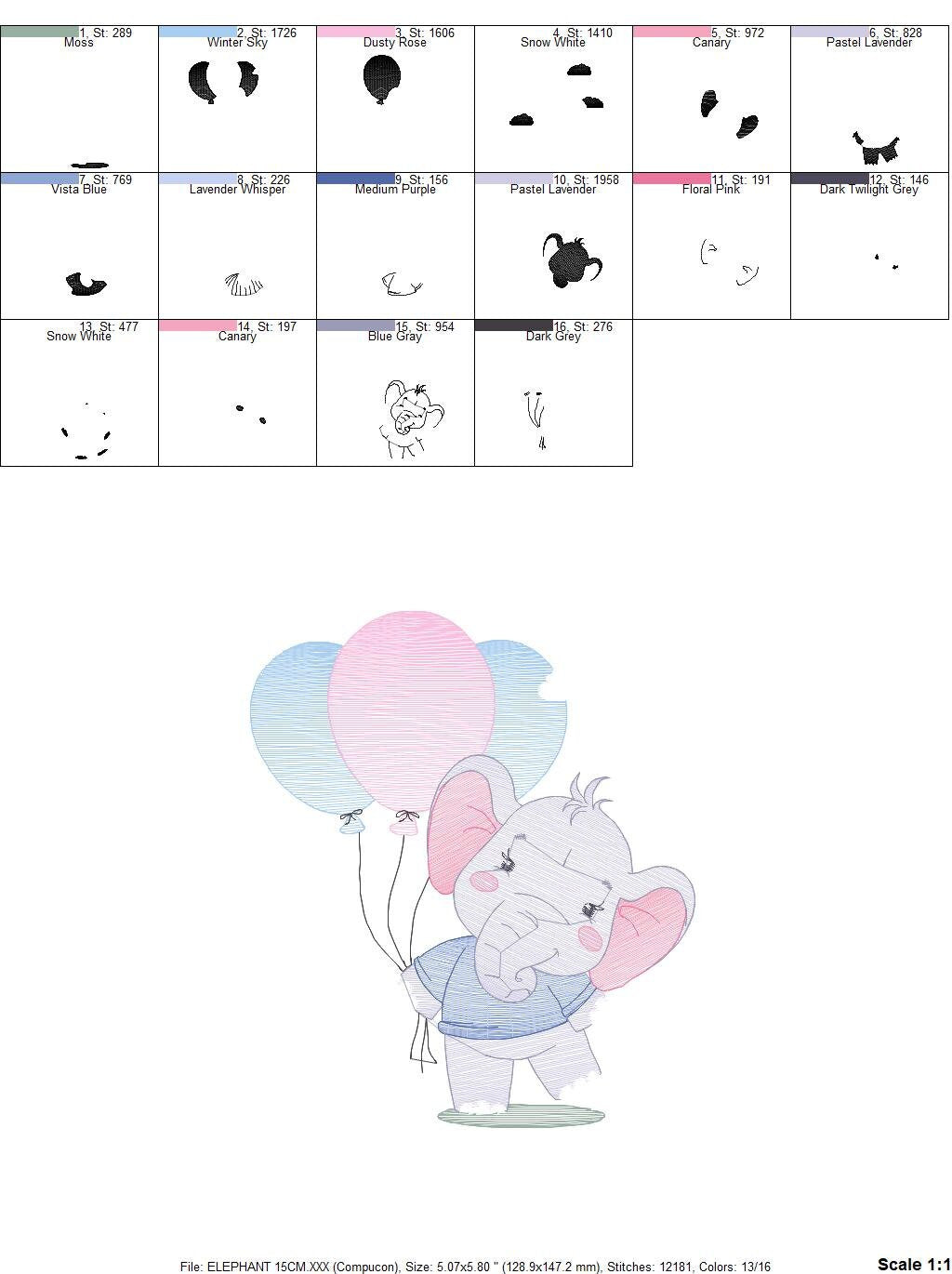 Elephant embroidery designs - Animal embroidery design machine embroidery pattern - Baby girl embroidery - Birthday party elephant balloons - Marcia Embroidery