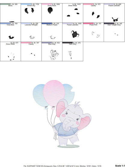 Elephant embroidery designs - Animal embroidery design machine embroidery pattern - Baby girl embroidery - Birthday party elephant balloons - Marcia Embroidery