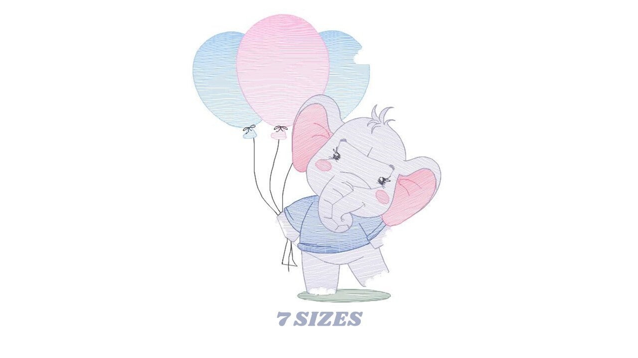 Elephant embroidery designs - Animal embroidery design machine embroidery pattern - Baby girl embroidery - Birthday party elephant balloons - Marcia Embroidery