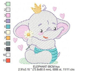 King Elephant embroidery designs - Animal embroidery design machine embroidery pattern - Baby girl embroidery file - elephant with crown pes