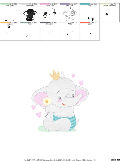 King Elephant embroidery designs - Animal embroidery design machine embroidery pattern - Baby girl embroidery file - elephant with crown pes Marcia Embroidery