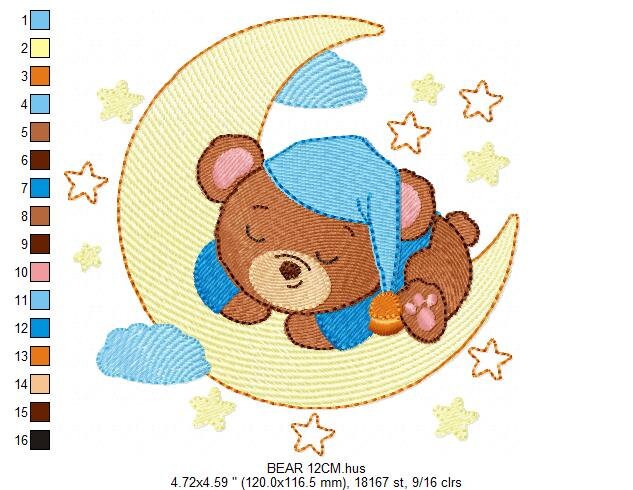 Bear embroidery designs - Sleeping bear embroidery design machine embroidery pattern - Baby bear in the moon embroidery file - pes download Marcia Embroidery