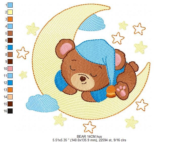 Bear embroidery designs - Sleeping bear embroidery design machine embroidery pattern - Baby bear in the moon embroidery file - pes download Marcia Embroidery