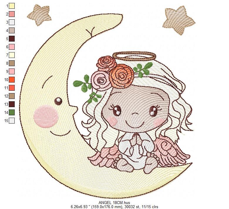Angel embroidery designs - Girl in the moon embroidery design machine embroidery pattern - Angel with moon embroidery file pes download