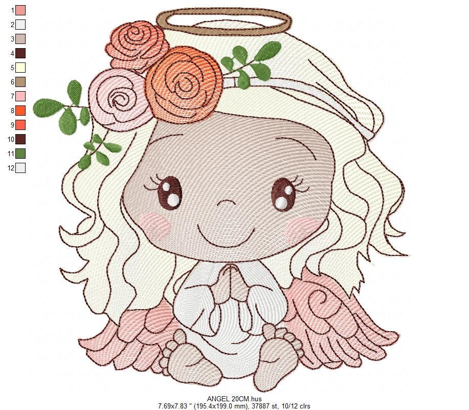 Angel embroidery designs - Angelic Baby girl with flowers machine embroidery pattern - Girl with wings file - Instant digital download pes
