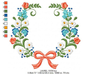 Laurel with lace and flowers embroidery designs - Floral wreath embroidery design machine embroidery pattern - instant digital download pes Marcia Embroidery