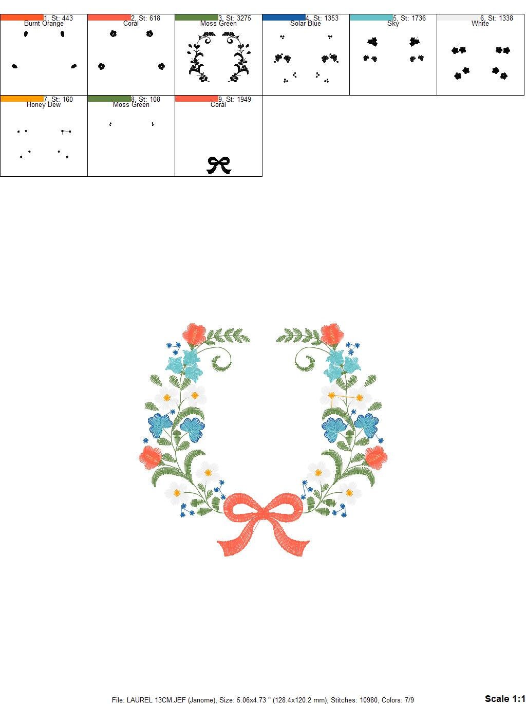Laurel with lace and flowers embroidery designs - Floral wreath embroidery design machine embroidery pattern - instant digital download pes Marcia Embroidery