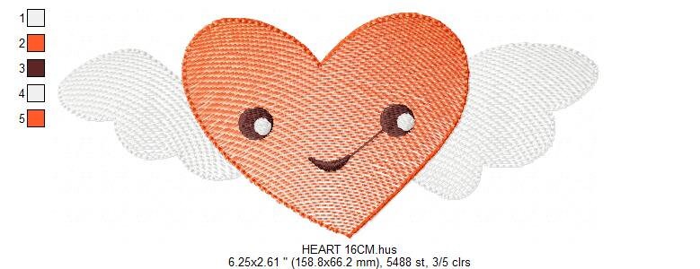 Heart with wings embroidery designs - Heart embroidery design machine embroidery pattern - Heart with happy face embroidery download pes jef Marcia Embroidery