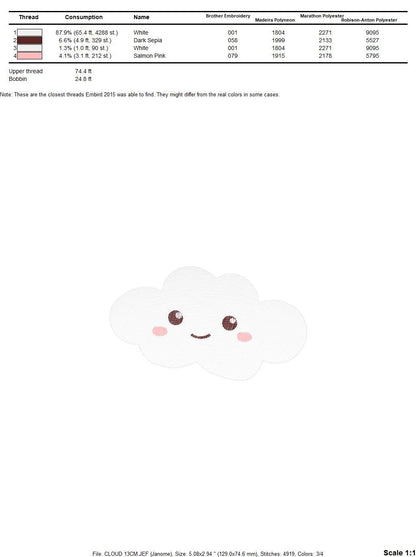 Cloud embroidery design - happy cloud with face embroidery designs machine embroidery pattern - sky embroidery file - kid embroidery pes jef Marcia Embroidery